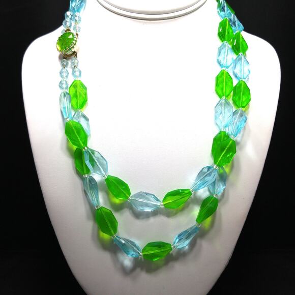 West Germany Green Blue Thermoset Bead Necklace, Two Strands, 1950s Vintage - Picture 2 of 10